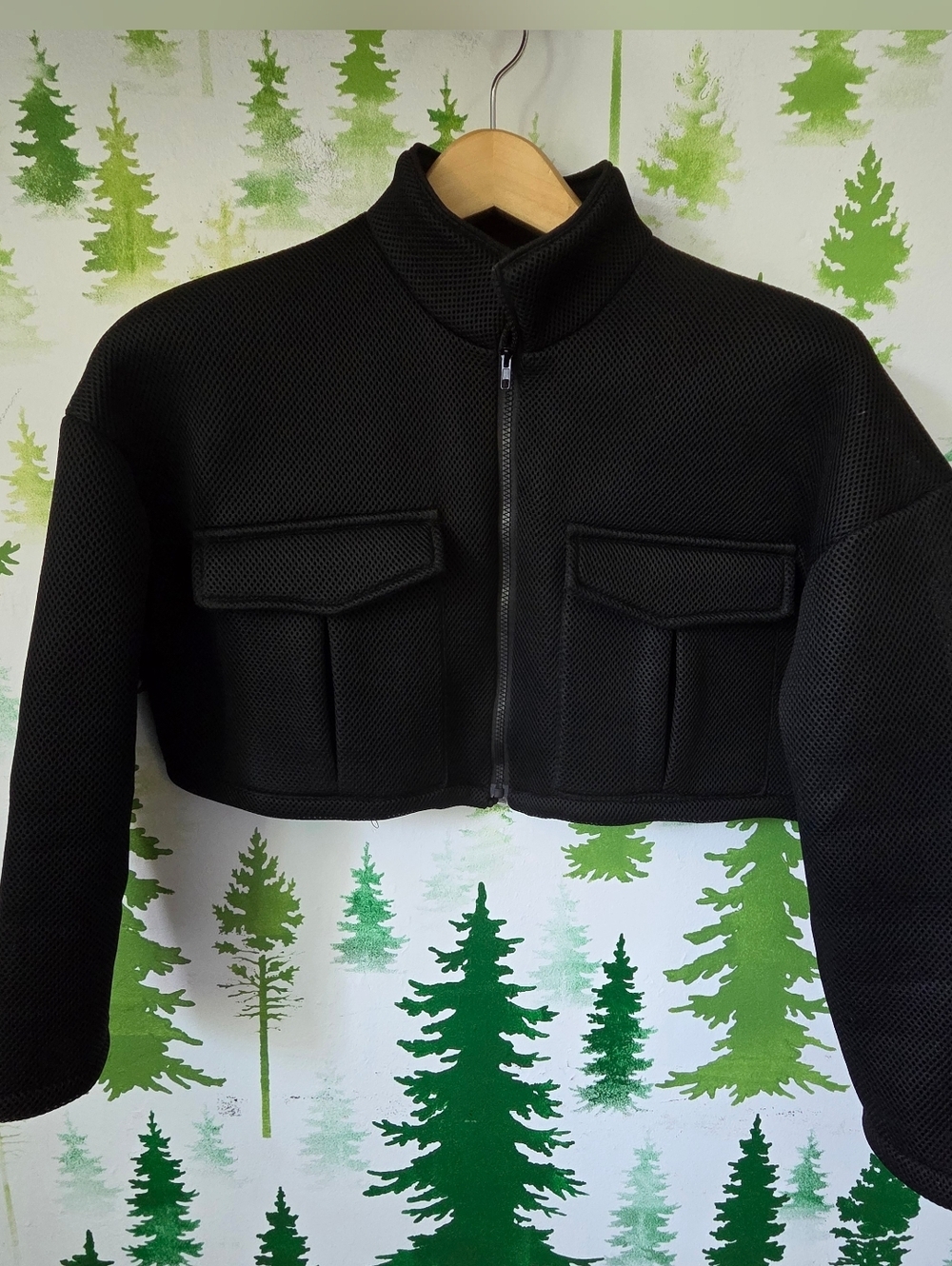 Black Cropped Bomber Jacket with Pockets